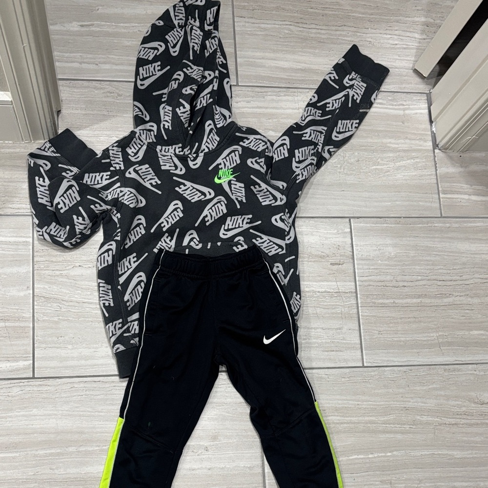 Nike Kids Black and Gray Jogger Set with Neon Accent